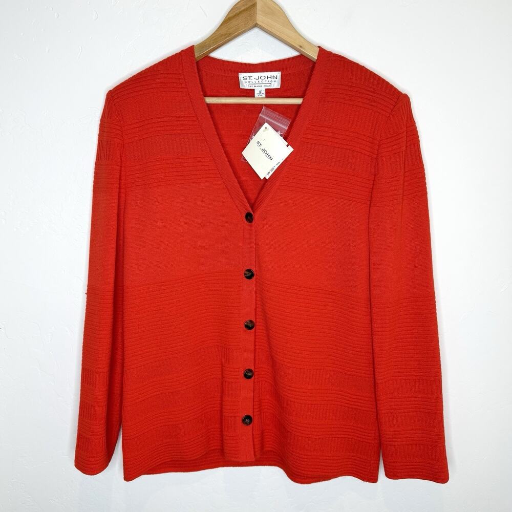 St John Collection Marie Gray Wool Cardigan Sweater Womens 12 Bright Orange Knit
